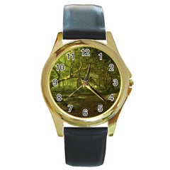 Nature Greenforest Trees Tree Landscape Round Gold Metal Watch by Wegoenart