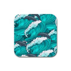 Sea Waves Seamless Pattern Rubber Square Coaster (4 Pack) by Wegoenart