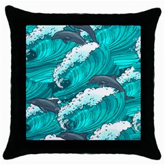 Sea Waves Seamless Pattern Throw Pillow Case (black) by Wegoenart