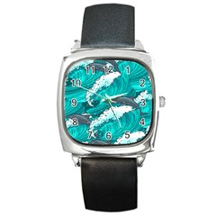 Sea Waves Seamless Pattern Square Metal Watch