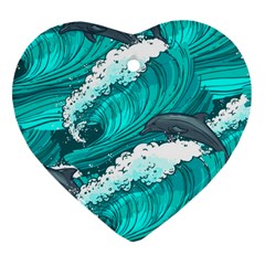 Sea Waves Seamless Pattern Heart Ornament (Two Sides)