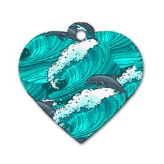 Sea Waves Seamless Pattern Dog Tag Heart (Two Sides)