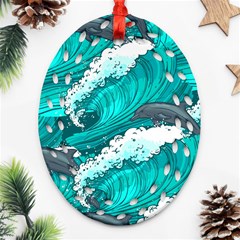 Sea Waves Seamless Pattern Oval Filigree Ornament (Two Sides)