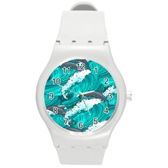 Sea Waves Seamless Pattern Round Plastic Sport Watch (M)