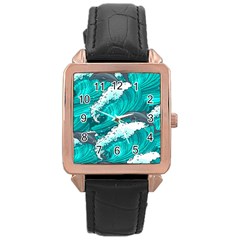 Sea Waves Seamless Pattern Rose Gold Leather Watch 