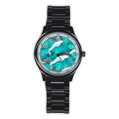 Sea Waves Seamless Pattern Stainless Steel Round Watch