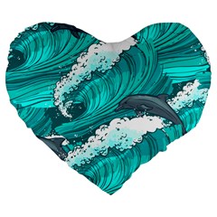 Sea Waves Seamless Pattern Large 19  Premium Flano Heart Shape Cushions