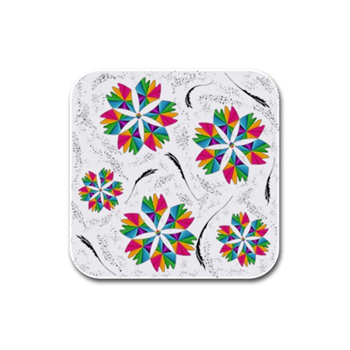 Illustration Colorful Flowers Floral Pattern Rubber Square Coaster (4 pack)