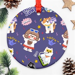 Girl Cartoon Background Pattern Round Ornament (two Sides)