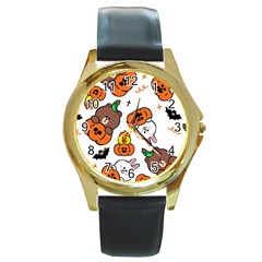 Illustration Pumpkin Bear Bat Bunny Chicken Round Gold Metal Watch by Sudhe