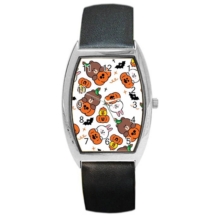 Illustration Pumpkin Bear Bat Bunny Chicken Barrel Style Metal Watch