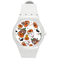 Illustration Pumpkin Bear Bat Bunny Chicken Round Plastic Sport Watch (m) by Sudhe