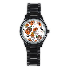 Illustration Pumpkin Bear Bat Bunny Chicken Stainless Steel Round Watch by Sudhe