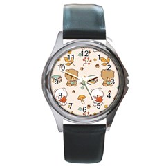 Illustration Bear Cartoon Background Pattern Round Metal Watch by Sudhe