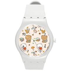 Illustration Bear Cartoon Background Pattern Round Plastic Sport Watch (m) by Sudhe