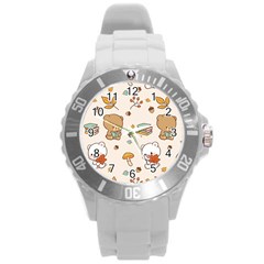 Illustration Bear Cartoon Background Pattern Round Plastic Sport Watch (l) by Sudhe