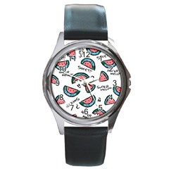 Illustration Watermelon Fruit Sweet Slicee Round Metal Watch by Sudhe