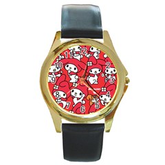 Rabbit Background Cartoon Round Gold Metal Watch by Sudhe