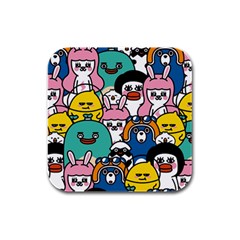 Illustration Animals Cartoon Background Pattern Rubber Square Coaster (4 Pack) by Sudhe