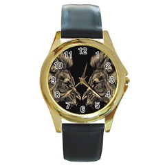 Animalsangry Male Lions Conflict Round Gold Metal Watch by Jancukart