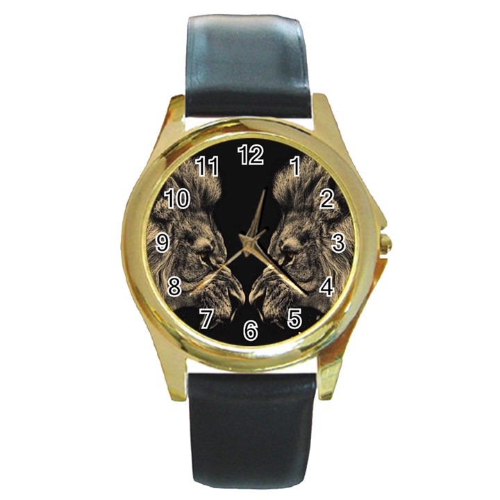 Animalsangry Male Lions Conflict Round Gold Metal Watch