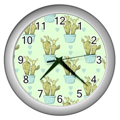 Background Pattern Green Cactus Flora Wall Clock (silver) by Amaryn4rt