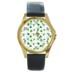 Christmas Trees Pattern Design Pattern Round Gold Metal Watch by Amaryn4rt