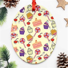 Food Illustration Cupcake Pattern Lollipop Oval Filigree Ornament (two Sides)