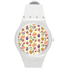 Food Illustration Cupcake Pattern Lollipop Round Plastic Sport Watch (m) by Amaryn4rt