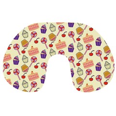 Food Illustration Cupcake Pattern Lollipop Travel Neck Pillow by Amaryn4rt