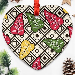 Vectoe Leaves Foliage Batik Seamless Pattern Heart Ornament (two Sides)