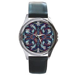 Blue Onn Burgundy Round Metal Watch by kaleidomarblingart