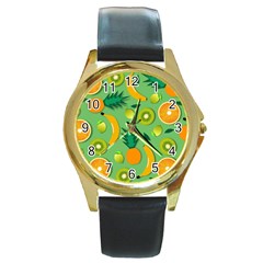 Fruit Tropical Pattern Design Art Round Gold Metal Watch