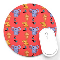 Illustration Elephant Cartoon Animal Monkey Round Mousepads by danenraven