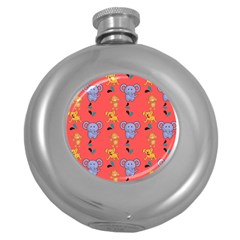 Illustration Elephant Cartoon Animal Monkey Round Hip Flask (5 Oz) by danenraven