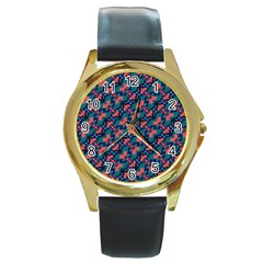 Illustration Tile Pattern Patchwork Round Gold Metal Watch by danenraven