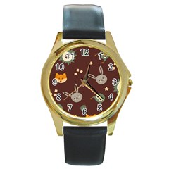 Rabbits, Owls And Cute Little Porcupines  Round Gold Metal Watch by ConteMonfrey