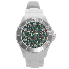 Flowering Branches Seamless Pattern Round Plastic Sport Watch (l) by Zezheshop