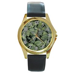 Leaves Foliage Botany Plant Round Gold Metal Watch by Ravend