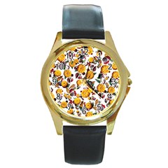 Pumpkin Fruit Flower Pattern Round Gold Metal Watch by Ravend