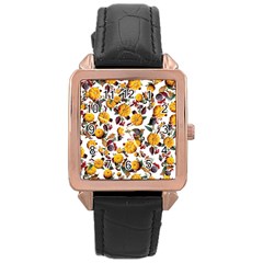 Pumpkin Fruit Flower Pattern Rose Gold Leather Watch  by Ravend