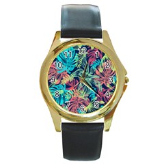 Sheets Tropical Picture Plant Pattern Round Gold Metal Watch by Ravend