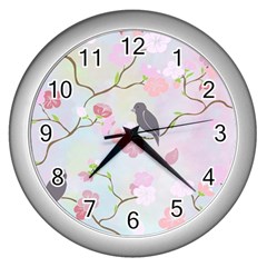 Bird Blossom Seamless Pattern Wall Clock (Silver)