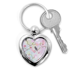 Bird Blossom Seamless Pattern Key Chain (Heart)