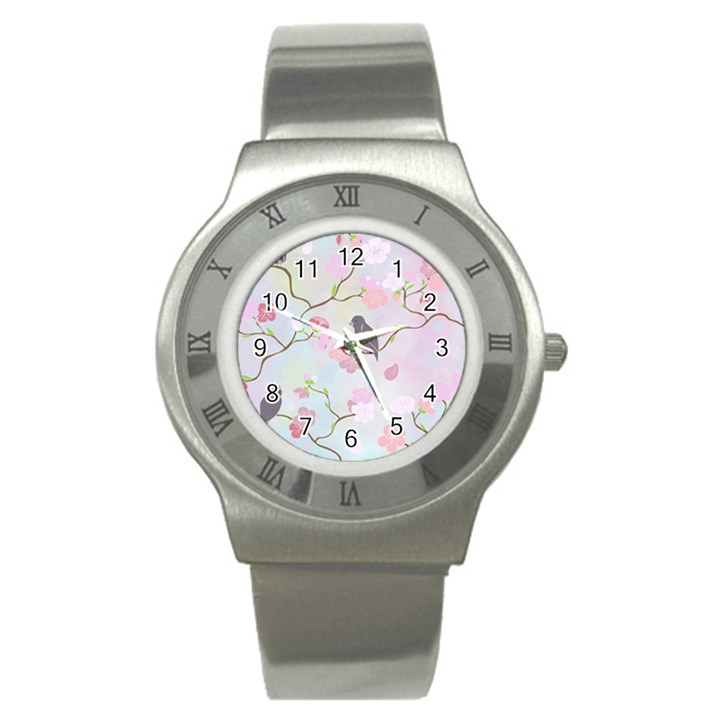 Bird Blossom Seamless Pattern Stainless Steel Watch