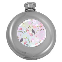 Bird Blossom Seamless Pattern Round Hip Flask (5 oz)