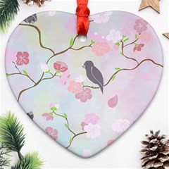 Bird Blossom Seamless Pattern Heart Ornament (two Sides) by Ravend