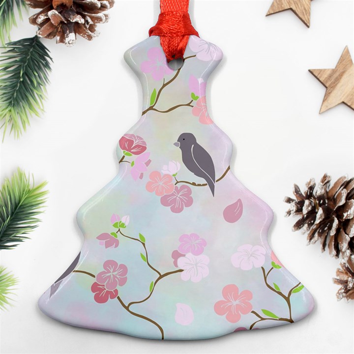 Bird Blossom Seamless Pattern Christmas Tree Ornament (Two Sides)