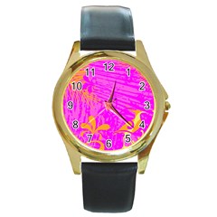 Spring Tropical Floral Palm Bird Round Gold Metal Watch by Ravend