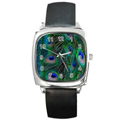 Beautiful Peacock Feathers Square Metal Watch by Ravend